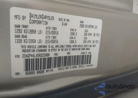 2005 Dodge Grand Caravan Sxt from USA, damaged, VIN 2D4GP44LX5R225080